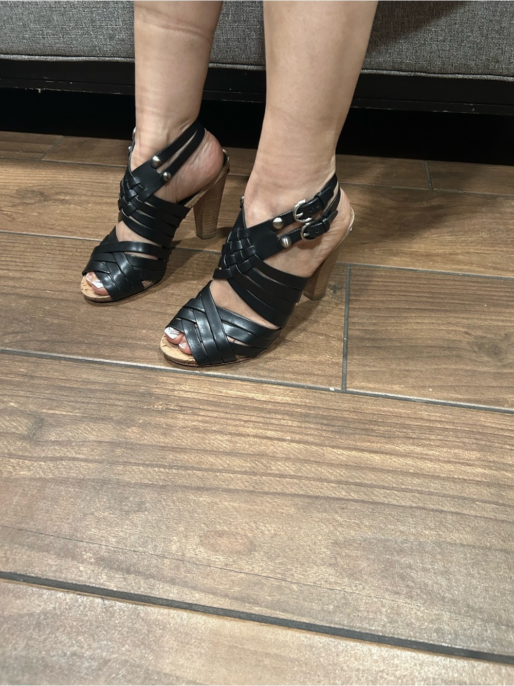 Coach Black Leather Strappy Sandals with Wood-Tone Block Heel - Picture 2 of 13